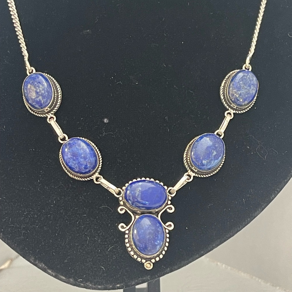 Vintage Blue Lapis Cabochon Sterling Silver 925 Filigree Beads Necklace 18.5” - Picture 3 of 9